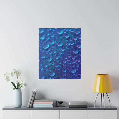 Blue abstract wall art featuring a bubble pattern hangs above a gray console with a blue vase, books, and a yellow lamp.