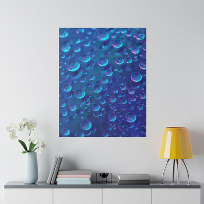Blue close-up photograph of numerous translucent bubbles floating in a liquid with purple highlights.