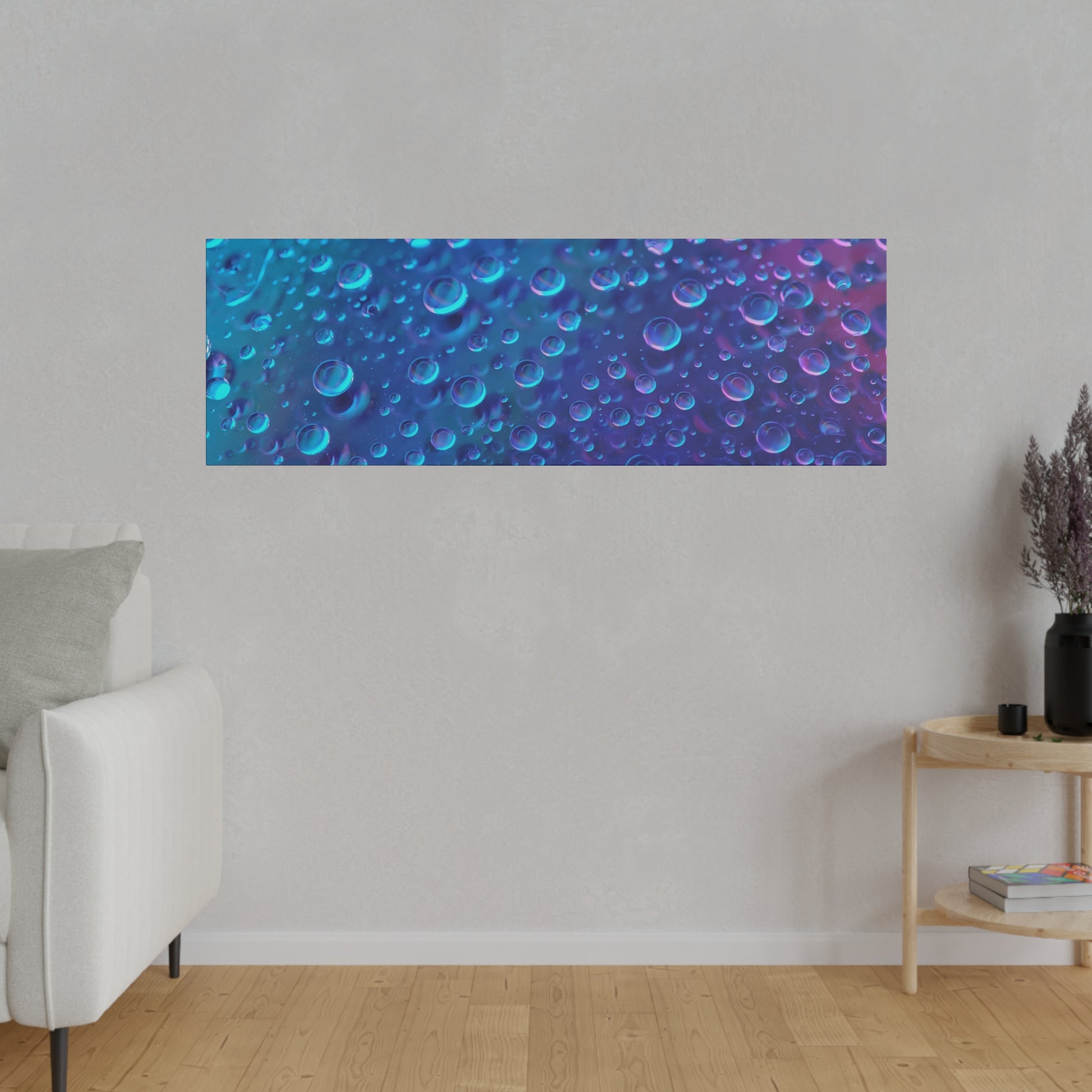Rectangular wall art featuring blue and purple bubbles pattern hung above a light gray wall in a living room.
