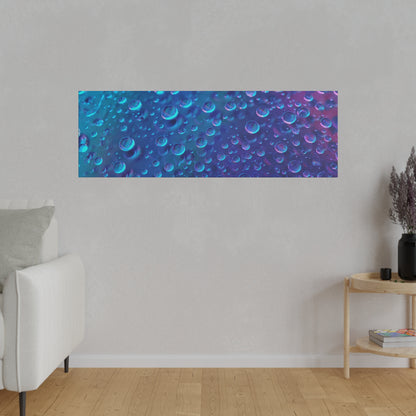 Rectangular wall art featuring blue and purple bubbles pattern hung above a light gray wall in a living room.