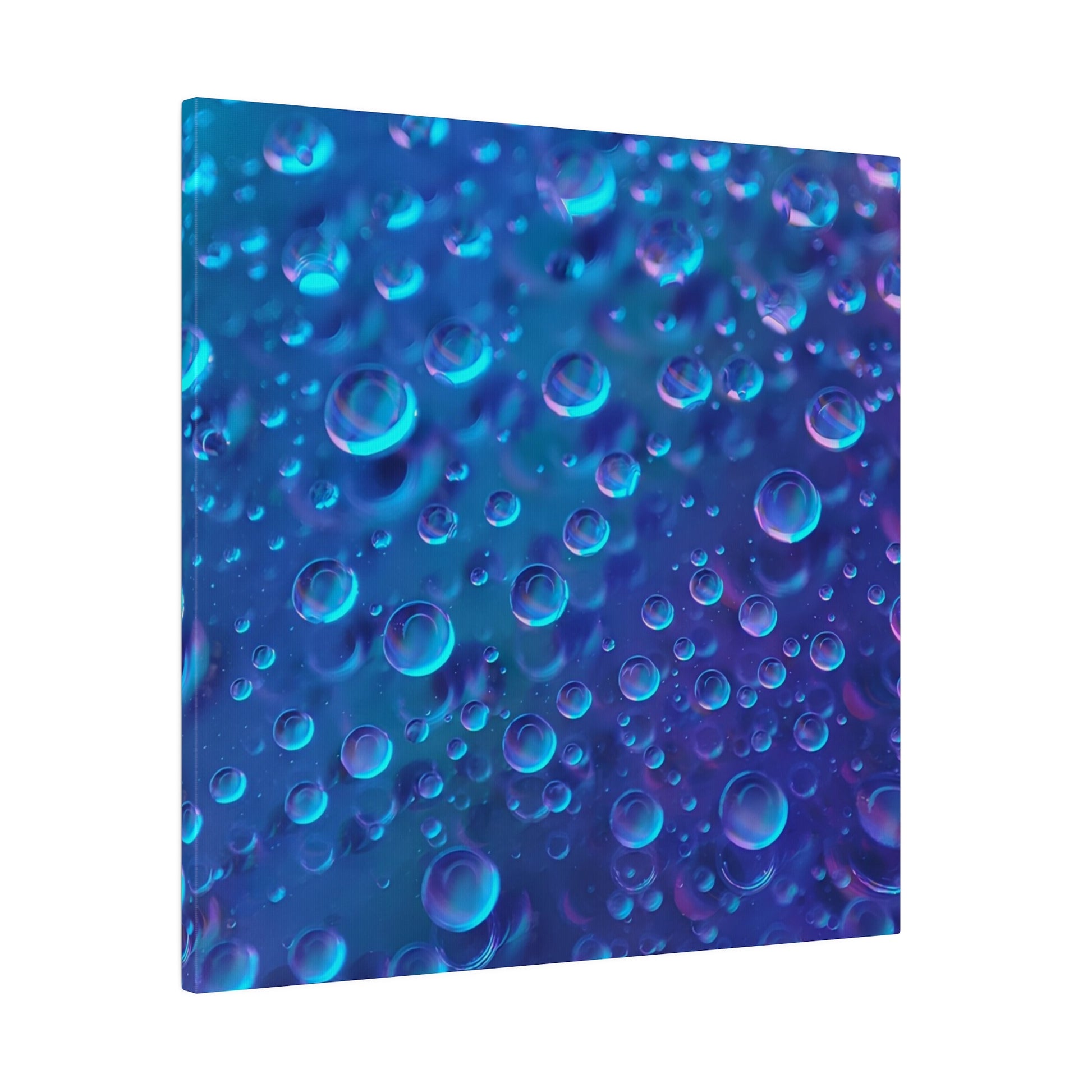 Blue and purple bubbles of various sizes on a blue gradient background printed on a vertical canvas.