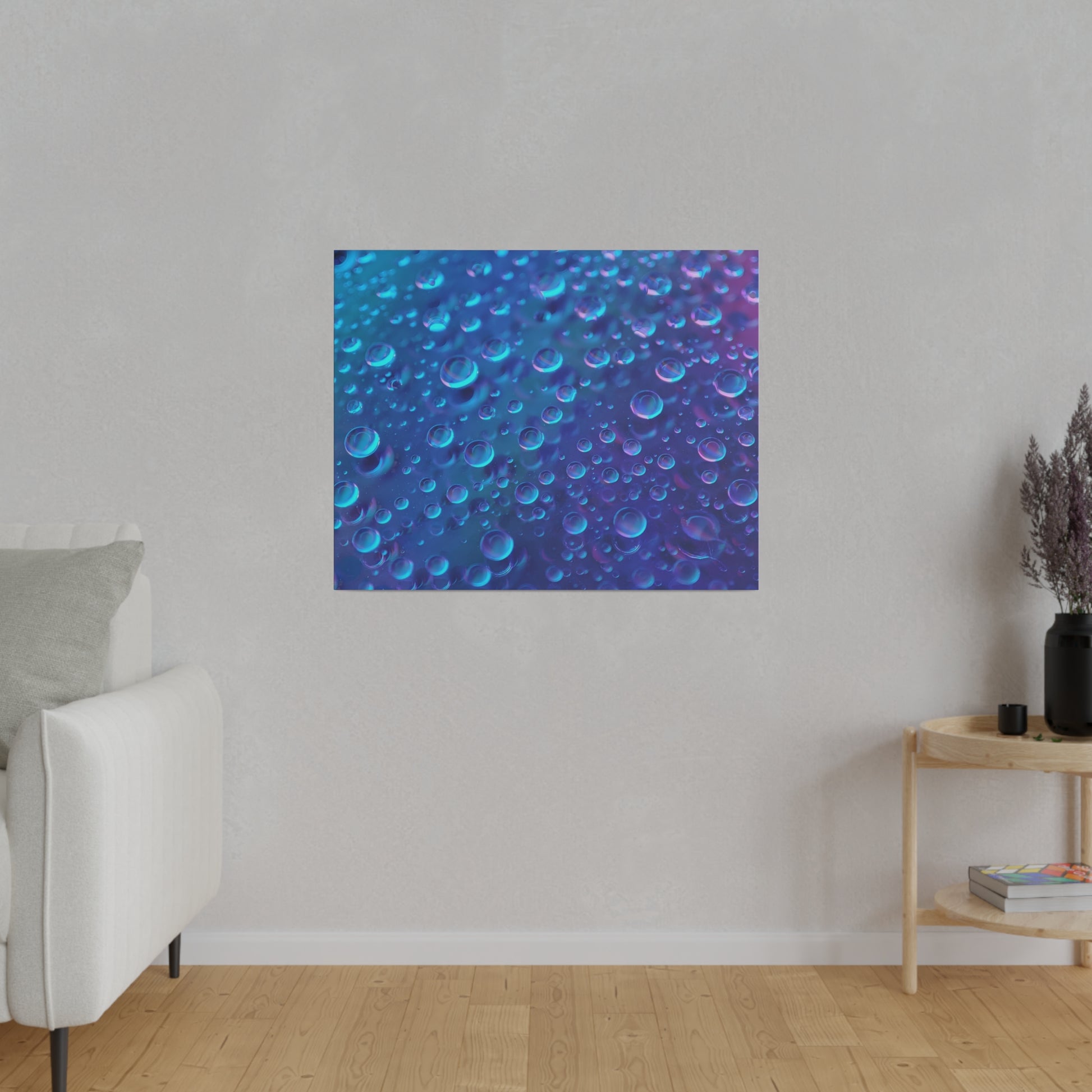 Square blue abstract print with numerous bubbles in varying sizes on a blue-to-purple gradient, mounted on a light