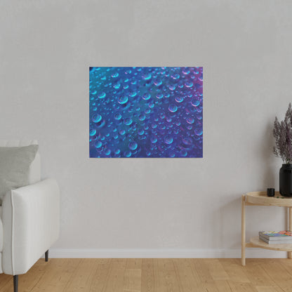 Square blue abstract print with numerous bubbles in varying sizes on a blue-to-purple gradient, mounted on a light
