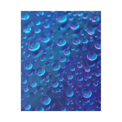 Close-up of numerous blue and purple bubbles suspended in clear liquid.