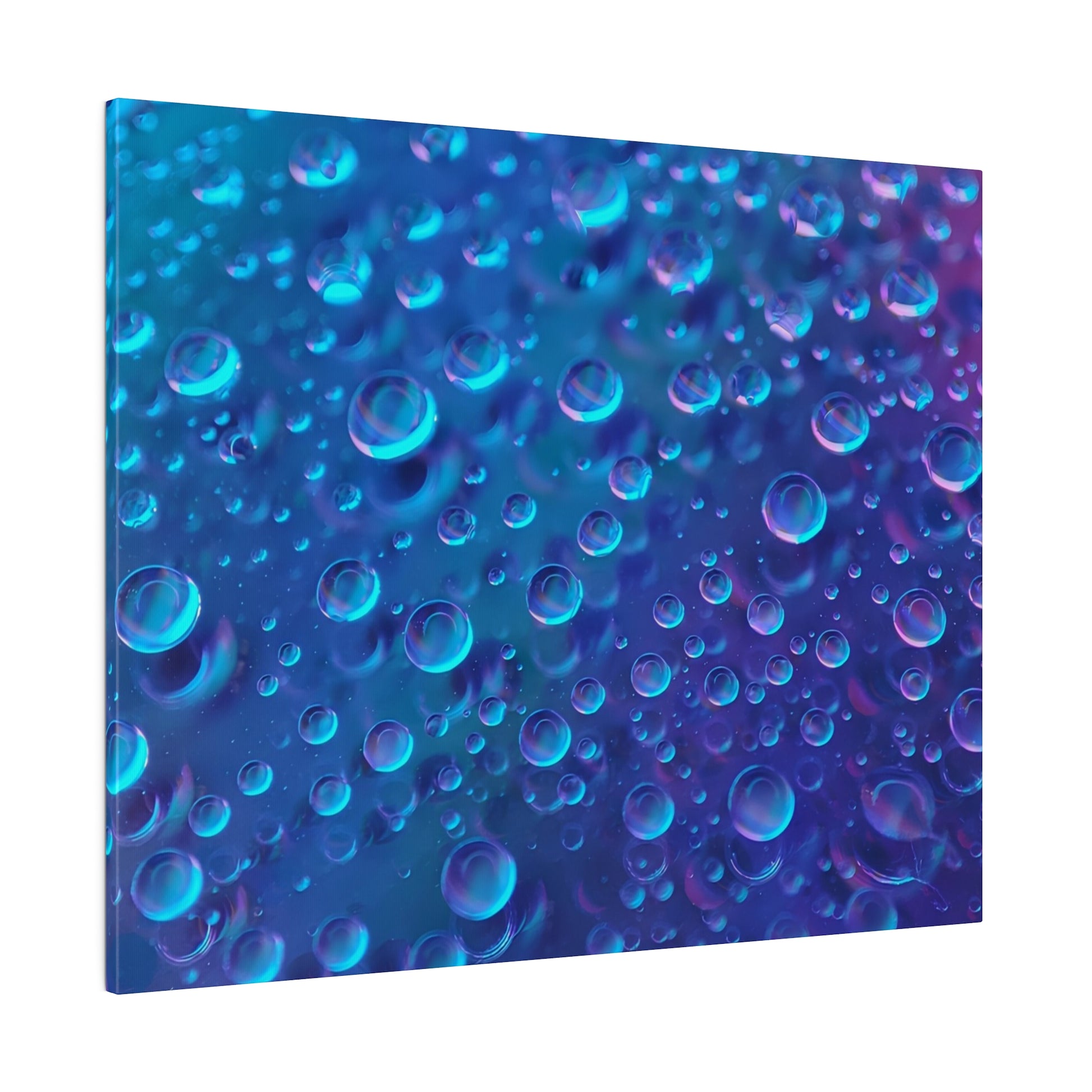 Close-up of blue and purple bubbles in liquid, varying sizes against a gradient blue background.