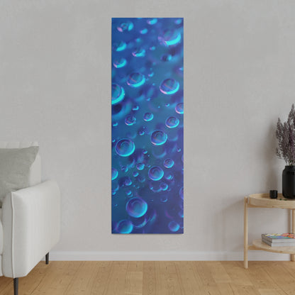 Tall vertical wall art panel with blue and teal bubble-like shapes against a blue gradient.