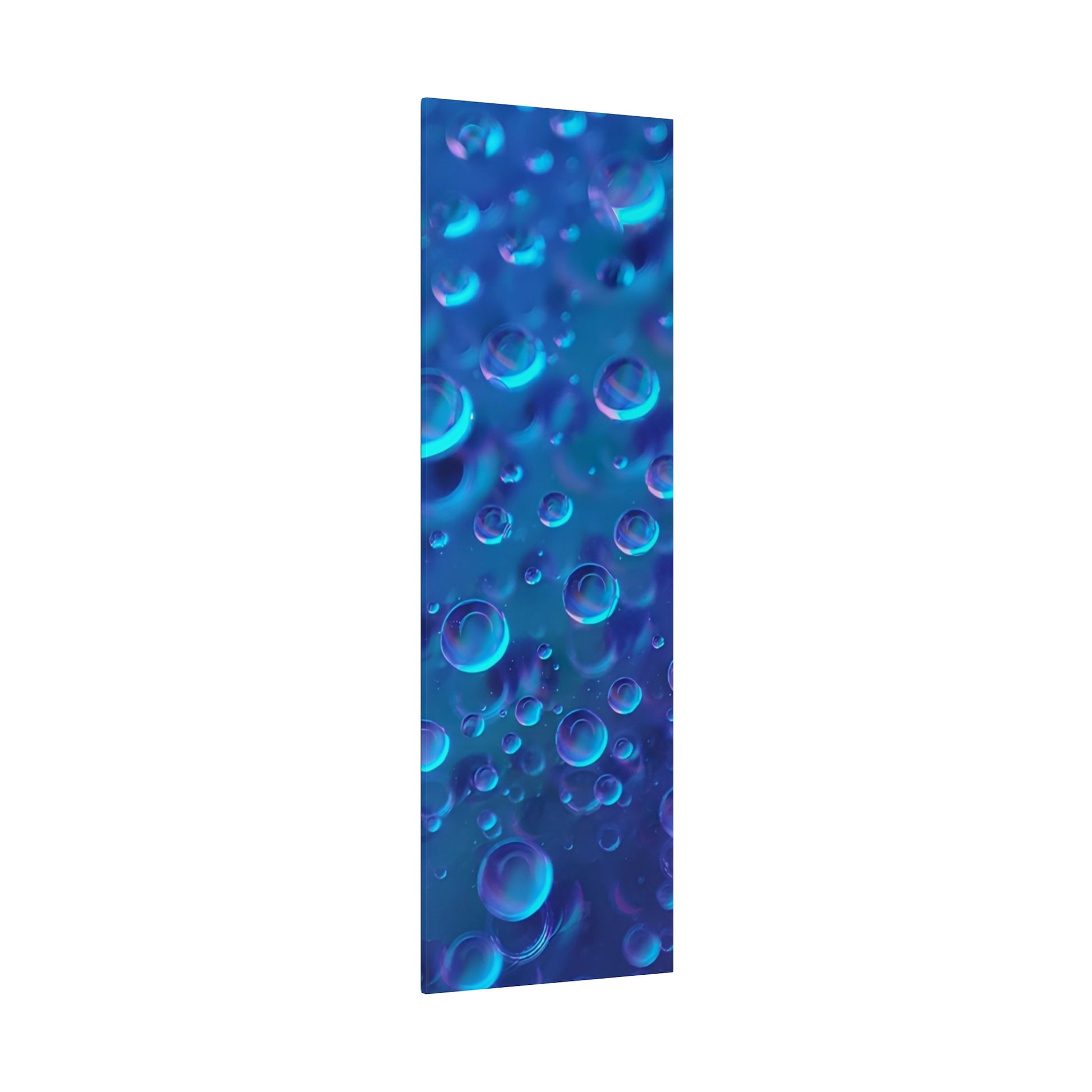 Tall vertical panel with a blue bubble pattern; multiple translucent spheres in varying blue hues.