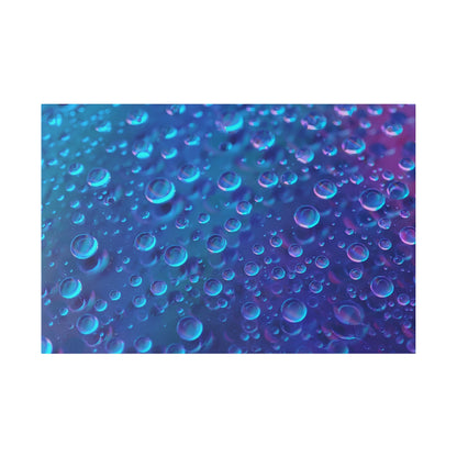 Close-up of clear bubbles in blue and purple liquid with varying sizes and iridescent reflections.