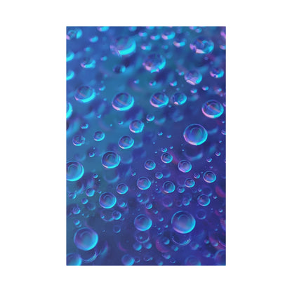 Macro shot of numerous iridescent blue and purple bubbles suspended in a liquid.