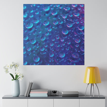 Square wall art depicting a close-up of blue and purple bubbles with reflective light.