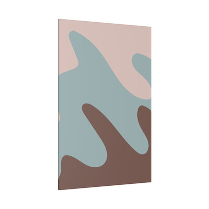 Vertical abstract wall art with large pastel pink, blue, and brown organic shapes.