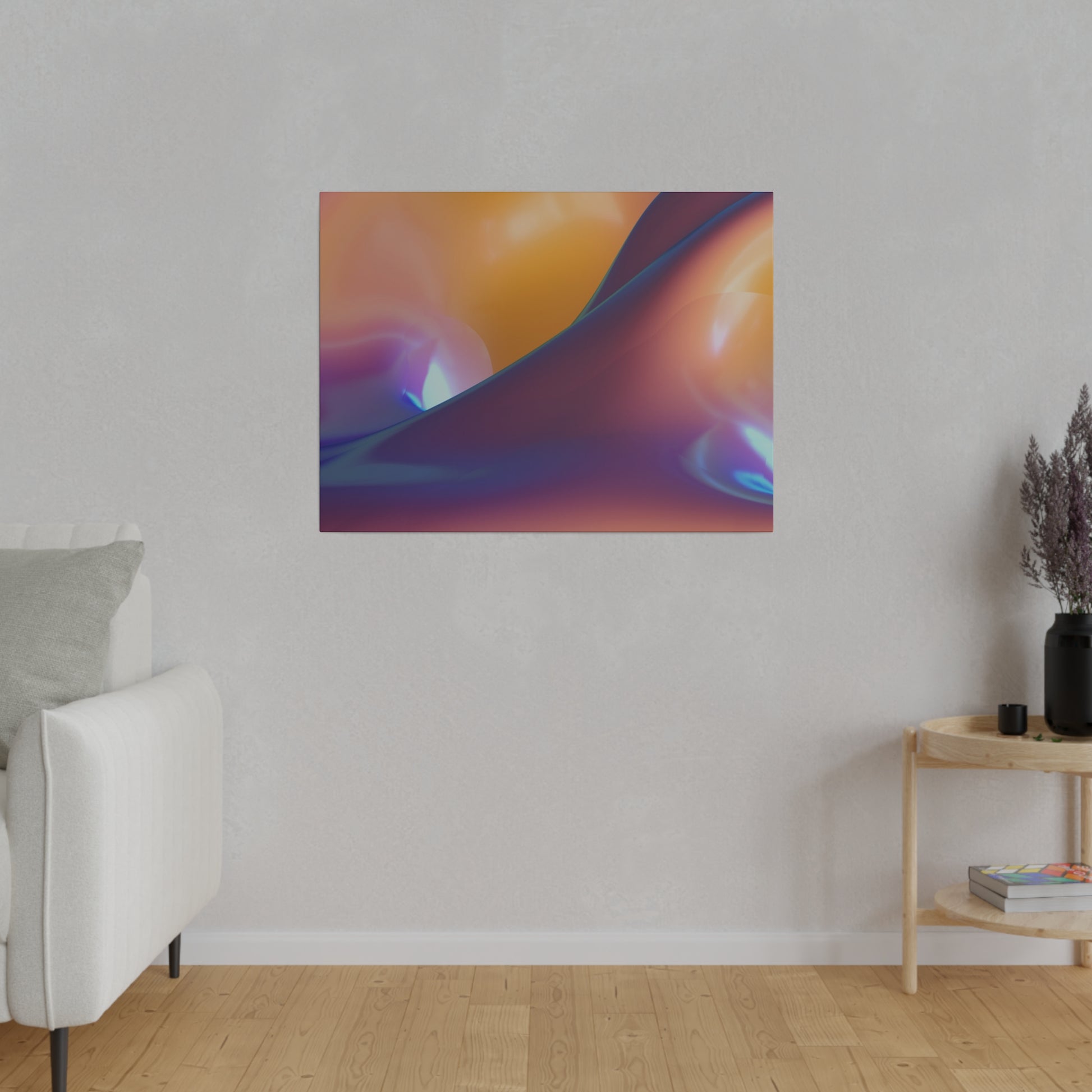 Abstract artwork with orange, purple, and blue gradients mounted on a light gray wall in a living room.