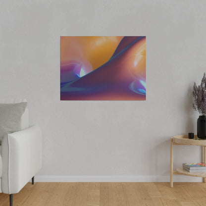 Abstract artwork with orange, purple, and blue gradients mounted on a light gray wall in a living room.