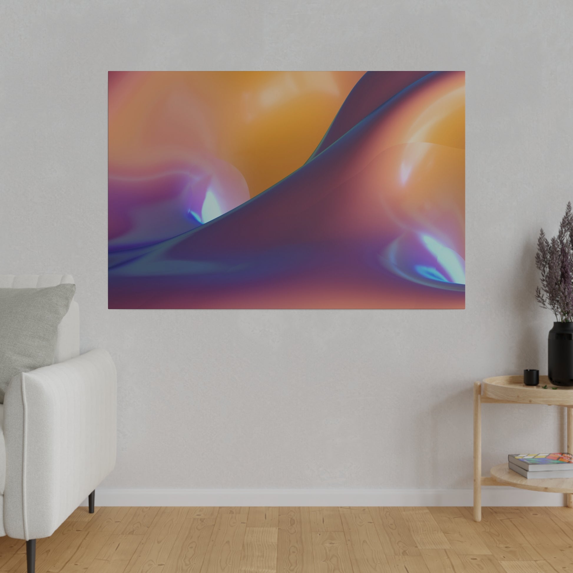 Poster with an abstract orange, purple, and blue gradient hung on a light gray wall in a living room.