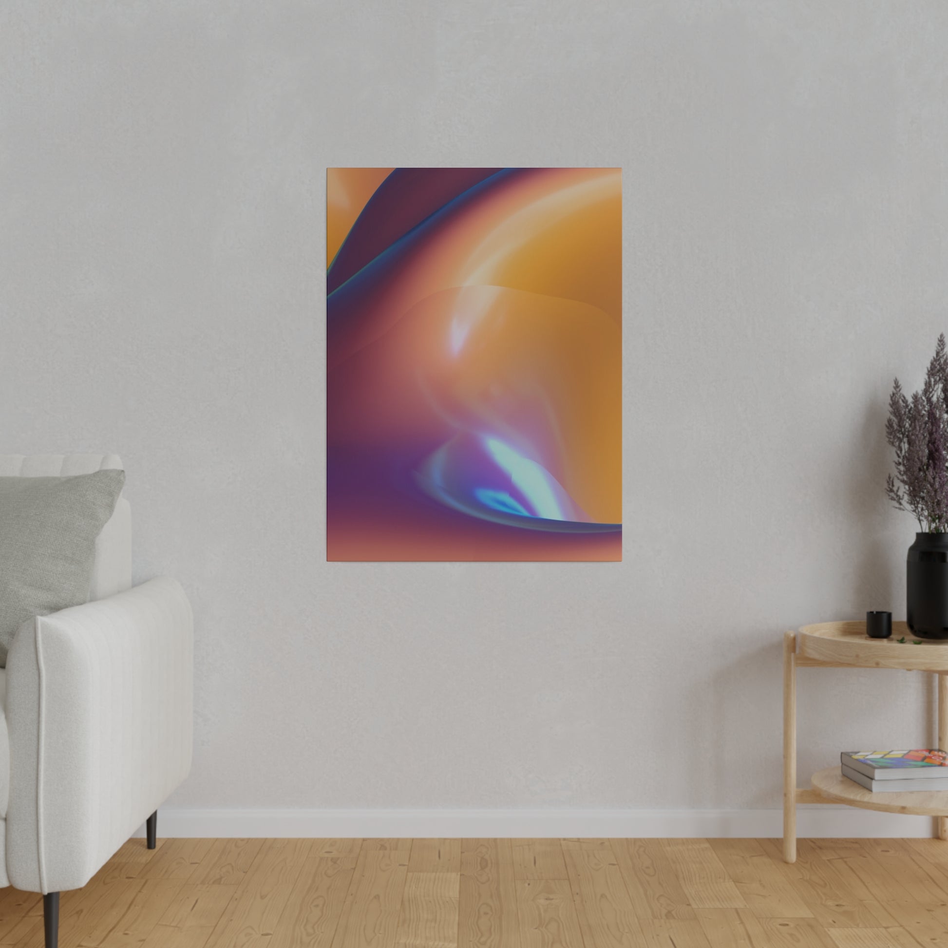 Abstract colorful wall poster with orange, purple, and blue gradients hung on a light gray wall in a minimalist living room.