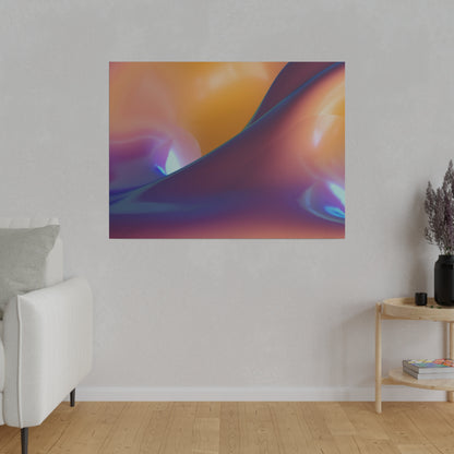 Abstract colorful gradient artwork with orange, purple, and blue swirls mounted on a light gray wall in a living room.
