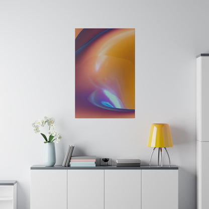 Abstract orange and purple wall art hangs above a white cabinet; a yellow lamp, books, and a pale blue vase with white flowers sit on top.