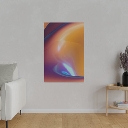 Abstract poster with orange, purple, and blue gradients hanging on a light gray living room wall.