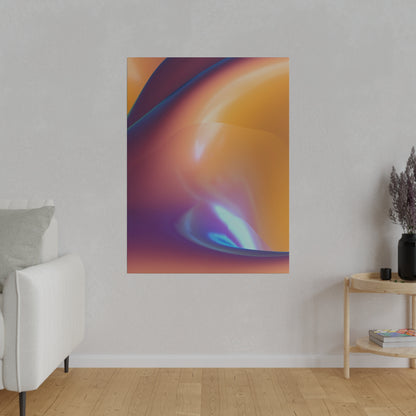 Abstract orange and purple gradient poster mounted on a light gray wall above a wooden floor in a minimalist living room.