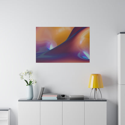 Abstract colorful abstract wall art above a white sideboard, with a light blue vase of white orchids, stacked books, and a yellow lamp.