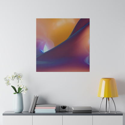 Abstract square wall art with orange, purple, and blue gradient hangs above a white console; a yellow lamp and white flowers sit nearby.