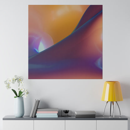 Abstract colorful poster with orange, purple and blue gradients hanging on a wall above a console, beside a vase of white orchids and a
