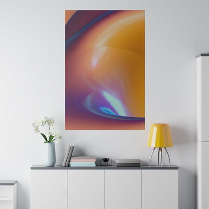 Large vertical abstract art print in orange, blue and purple hangs above a white cabinet with a vase,