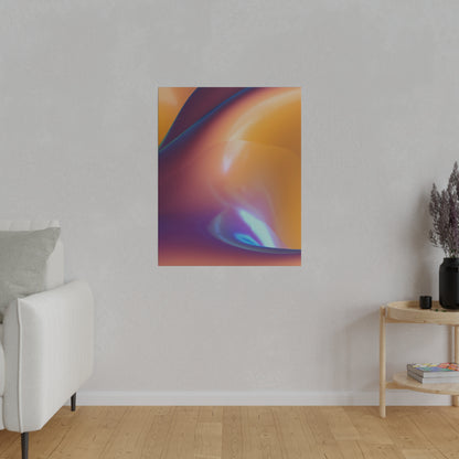 Abstract orange, purple, and blue poster centered on a light gray wall in a living room.