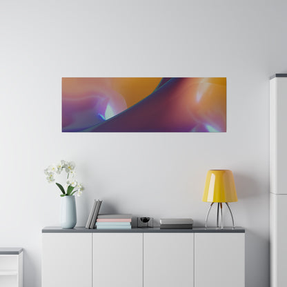 Abstract, colorful rectangular wall art hung above a white cabinet with a yellow lamp, books, and a vase of white flowers.