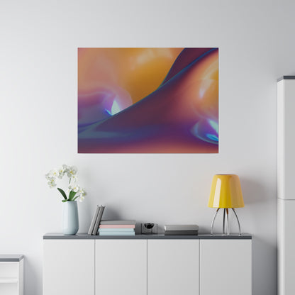 Abstract colorful wall art with orange, purple, and blue gradients hangs above a white sideboard in a modern room.