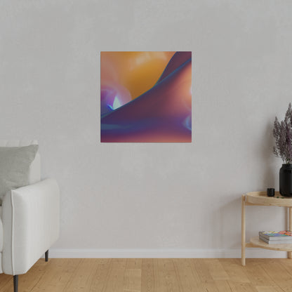 Square abstract wall art with orange, purple, and blue gradients hanging on a light gray living room wall.
