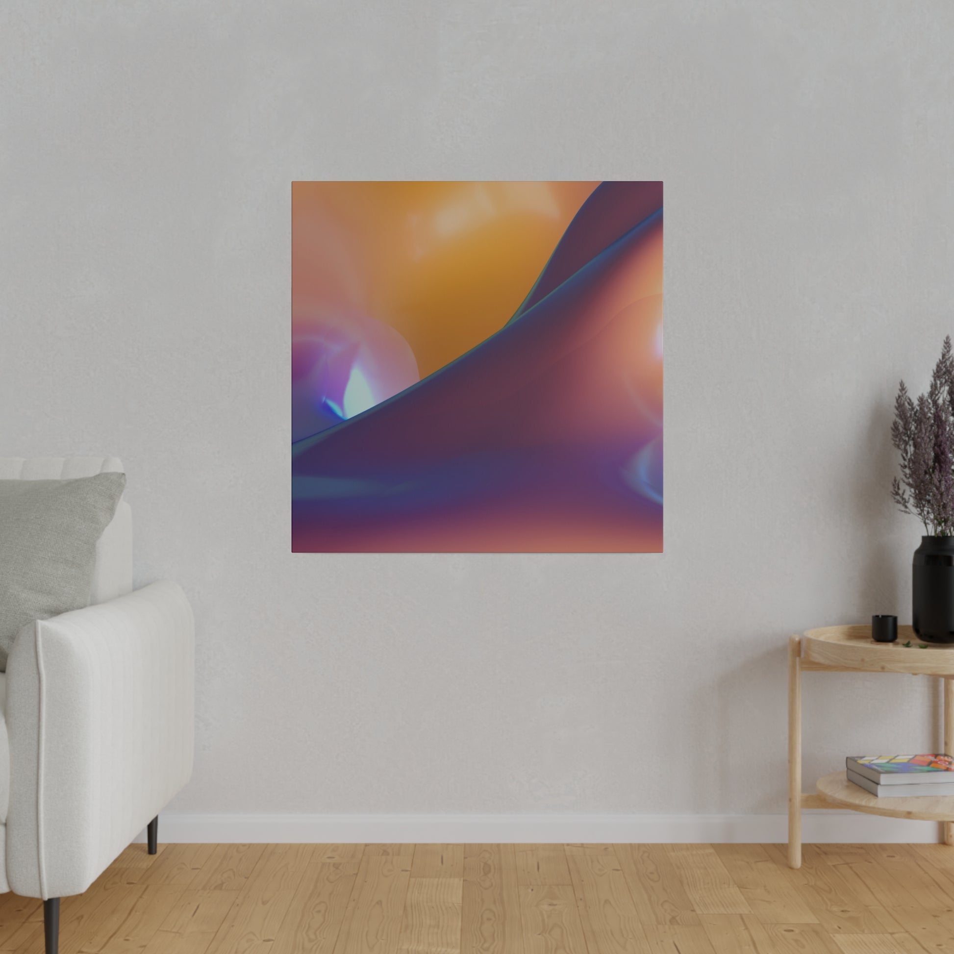 Abstract poster with orange, purple, and blue swirling gradient hanging on a light gray wall in a living room.