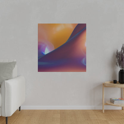 Abstract poster with orange, purple, and blue swirling gradient hanging on a light gray wall in a living room.