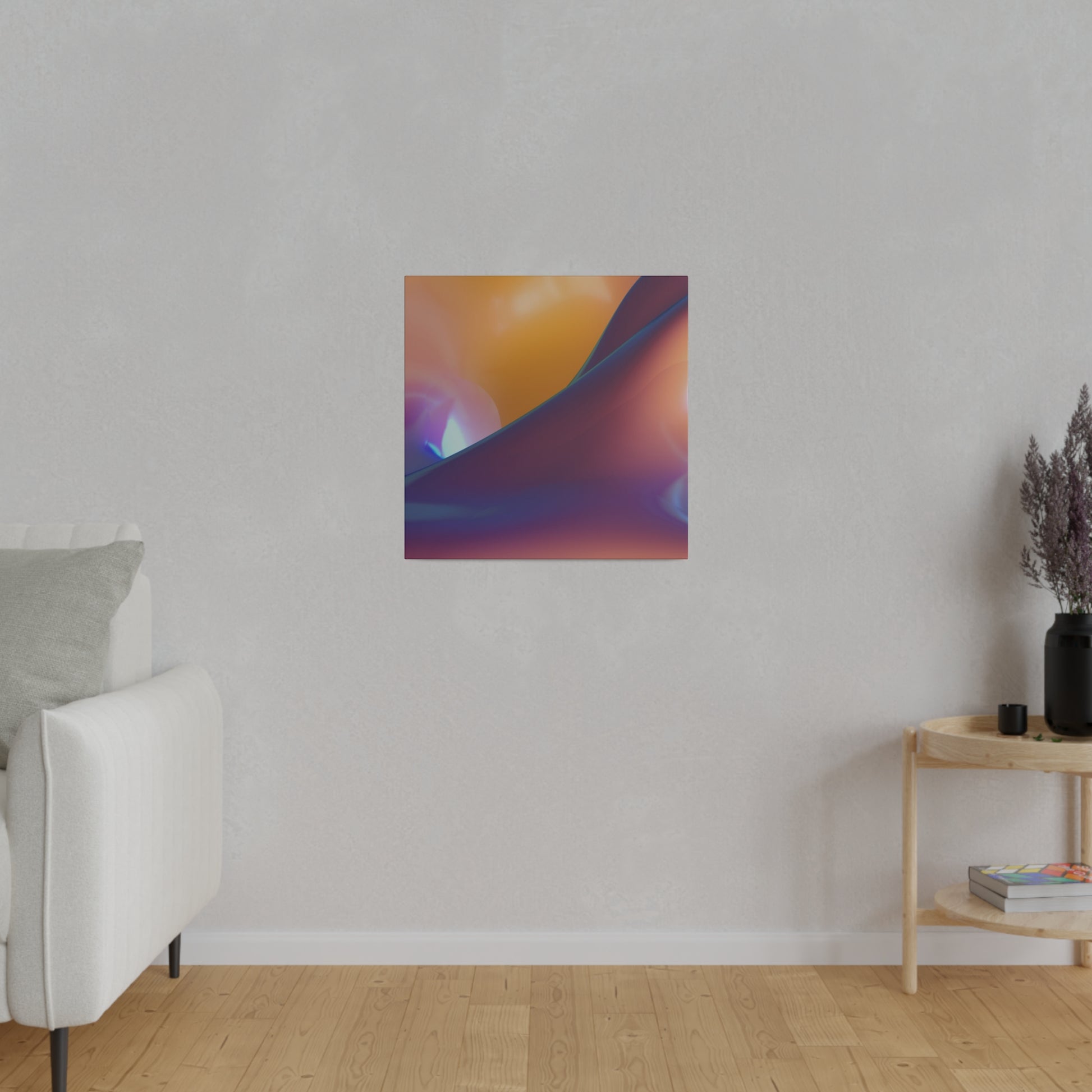 Abstract square wall art with orange, purple, and blue gradients hanging on a light gray living room wall.