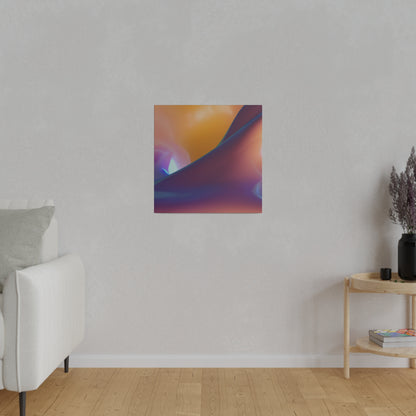 Abstract square wall art with orange, purple, and blue gradients hanging on a light gray living room wall.