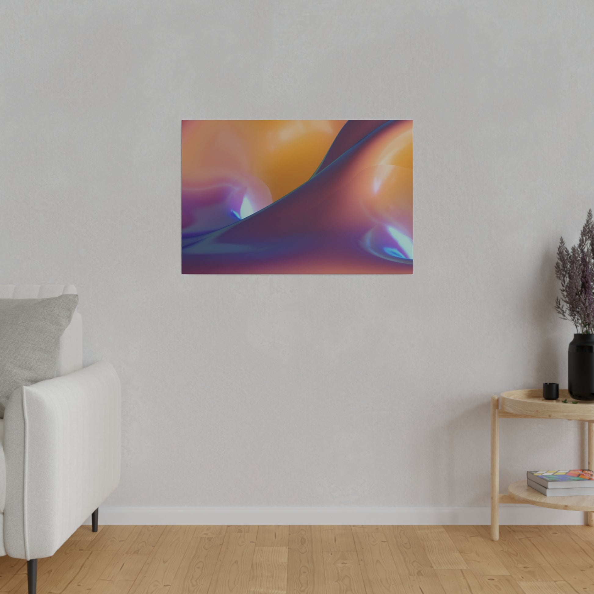 Abstract, multicolored wall art (orange, purple, blue) hangs on a light gray living room wall above a white sofa.