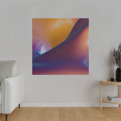 Abstract, colorful gradient square print hung on a light gray wall in a minimalist living room.
