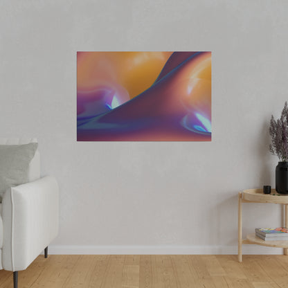 Abstract multicolor gradient poster with flowing orange, purple, and blue shapes hung on a light gray wall above a wooden floor.