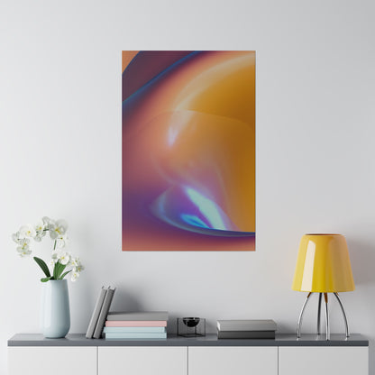 Abstract gradient poster with orange, purple, blue swirls hangs on a light wall above a console table with a pale vase, books, and a