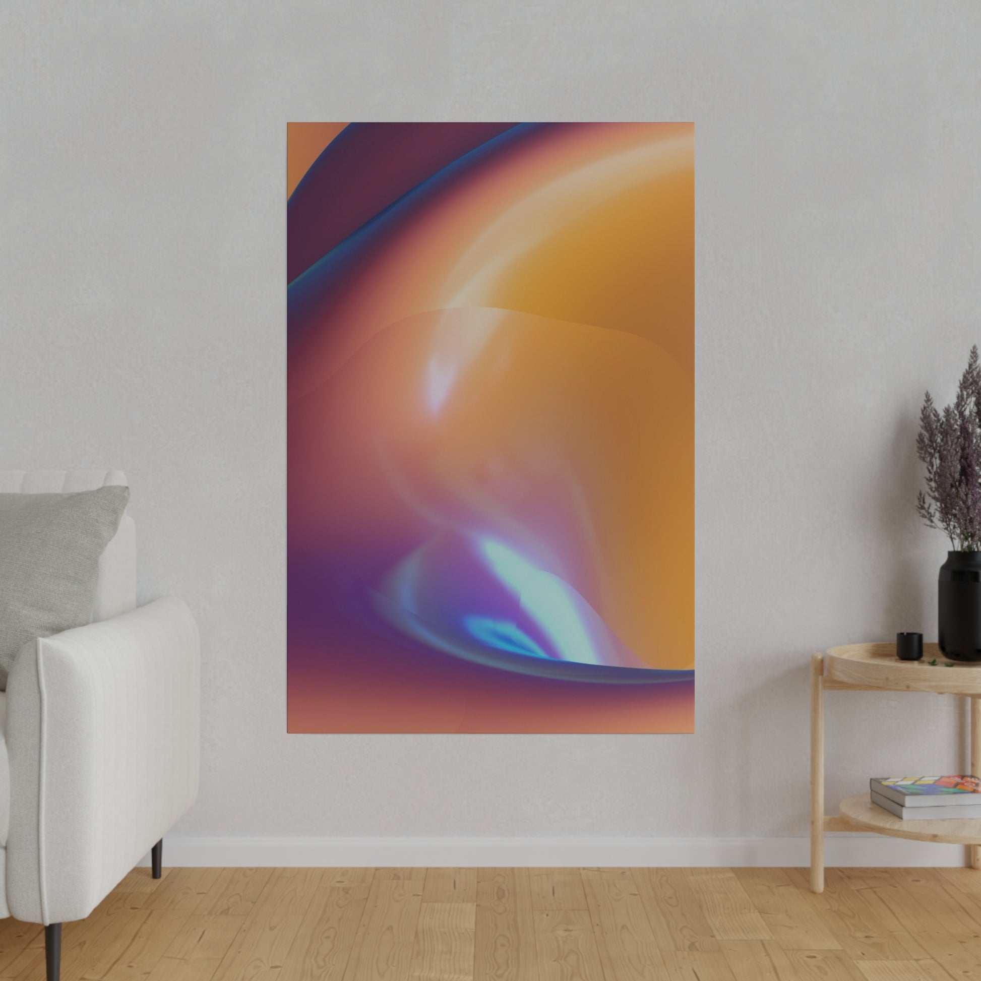 Large abstract poster with orange, purple, and blue gradient swirls mounted on a light gray wall.