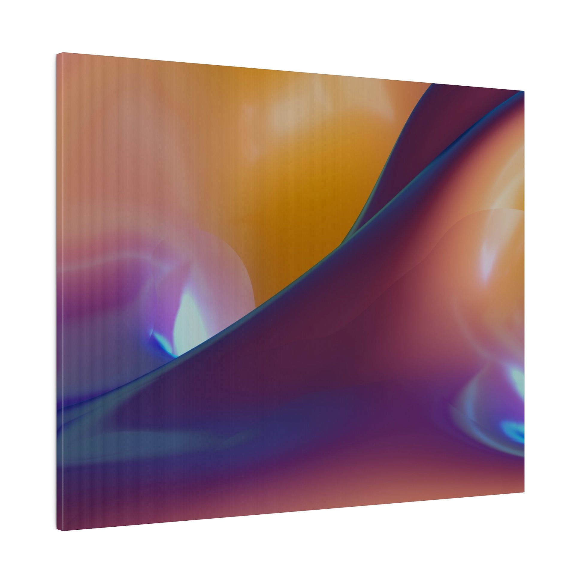 Abstract gradient art canvas with orange, purple, and blue swirls and glossy curved shapes.