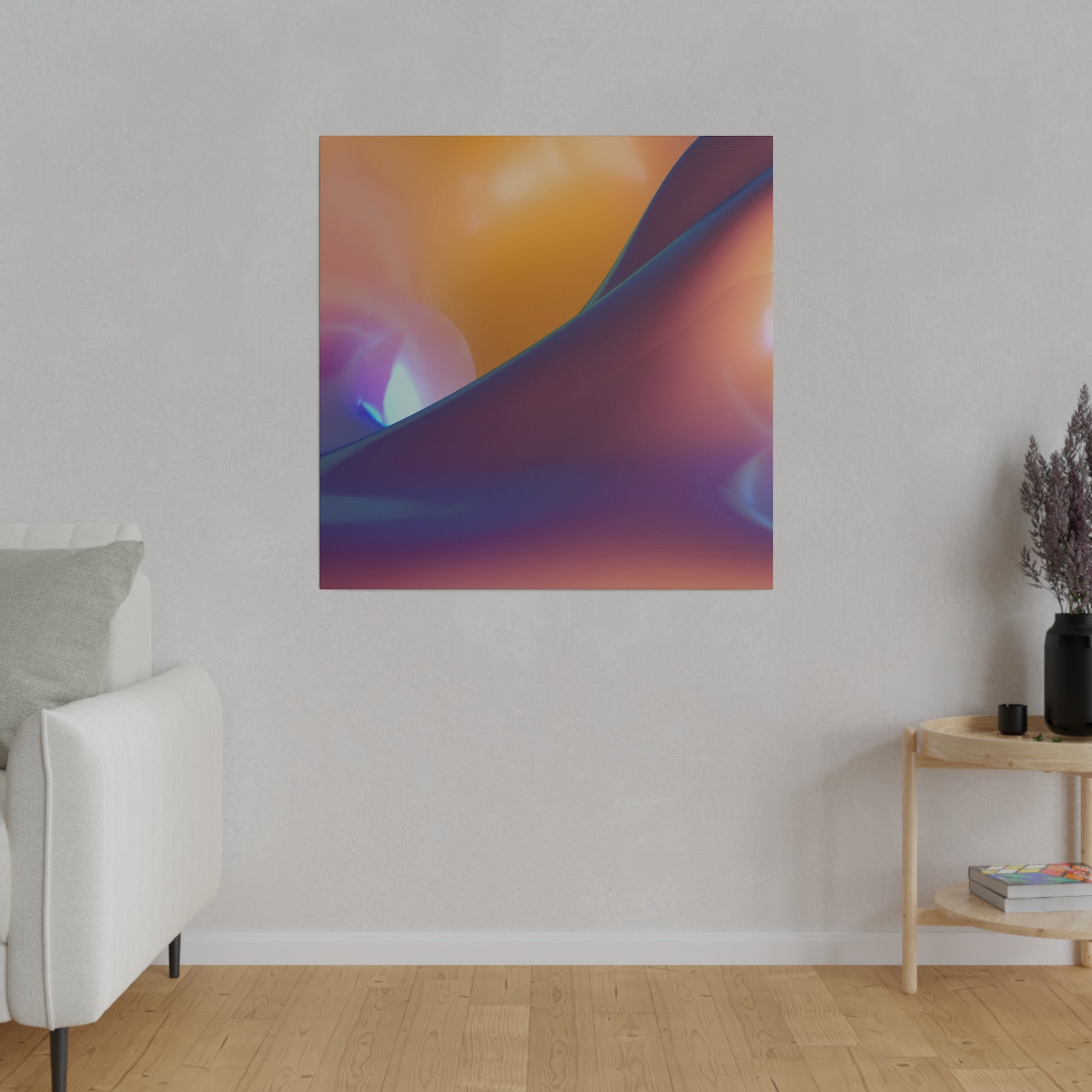 Square abstract art print with orange, purple, and blue gradient hanging on a light gray wall.