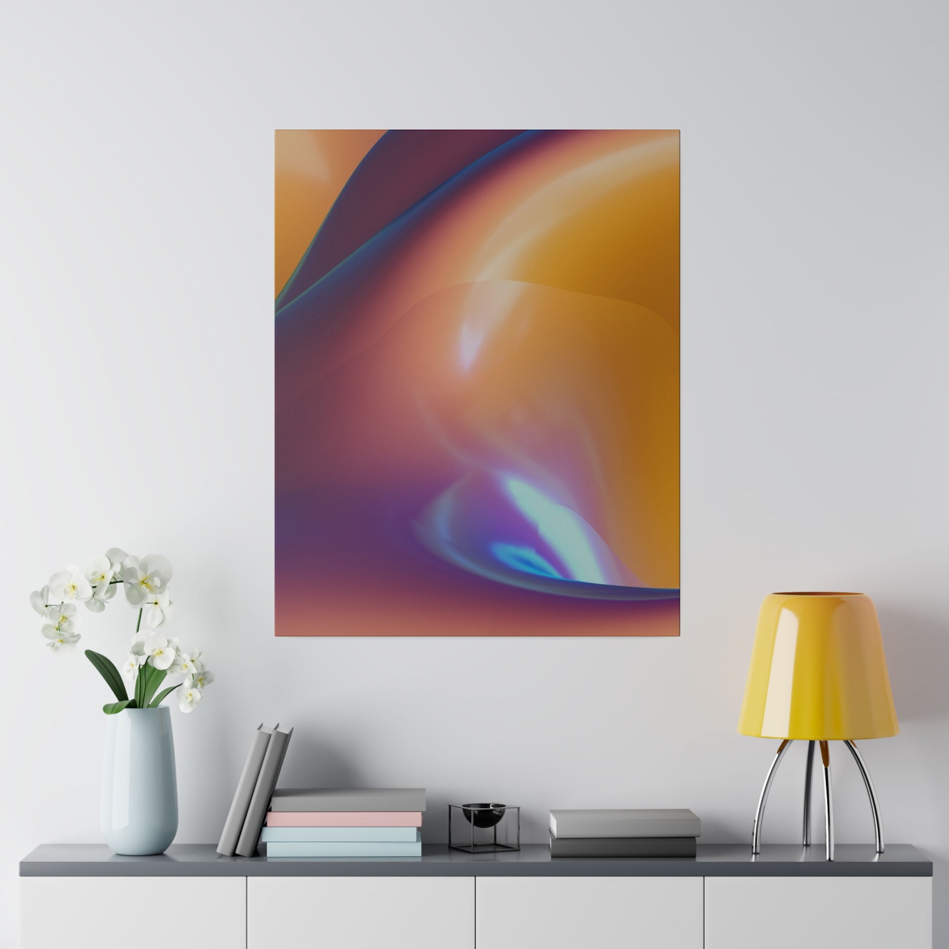Abstract, colorful abstract art poster in orange, purple, and blue hues hanging on a white wall above a gray console with a vase of white