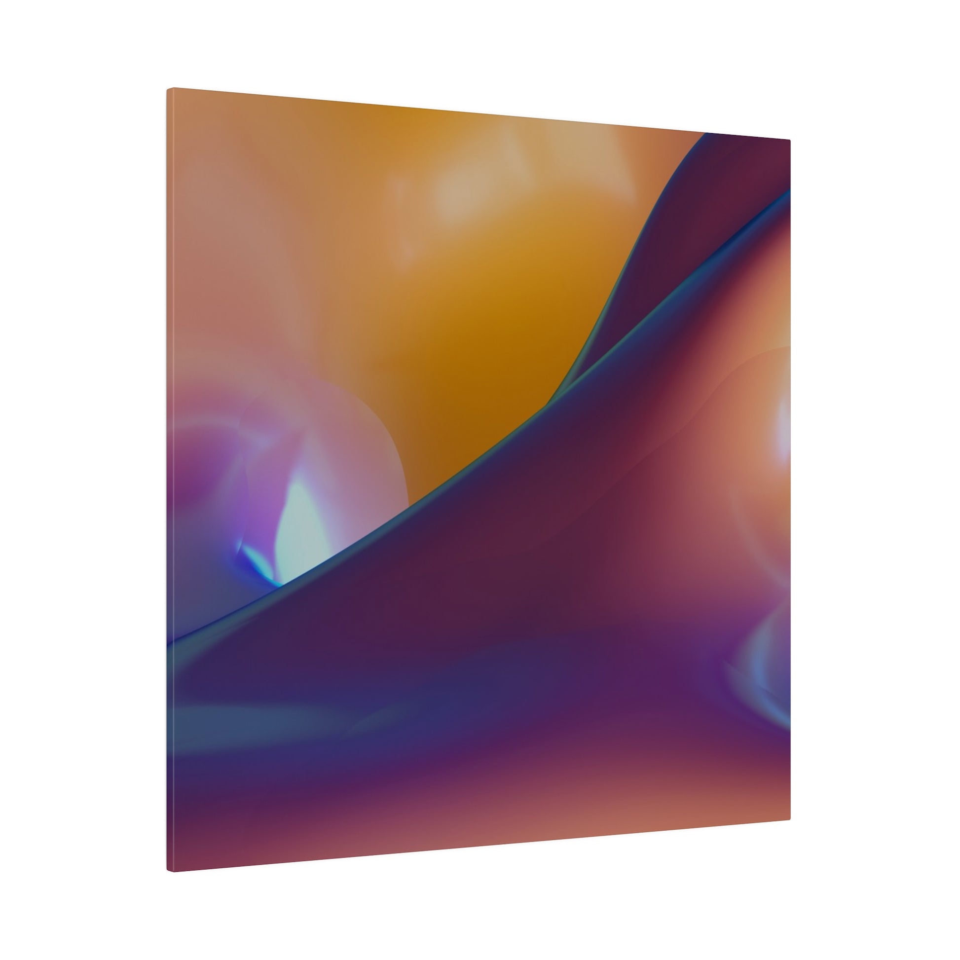 Abstract close-up of a colorful, glossy surface with orange, purple, and blue gradients and curved shapes.