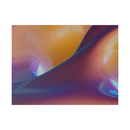 Abstract, colorful liquid-like shapes in orange, purple, and blue with smooth gradient transitions.