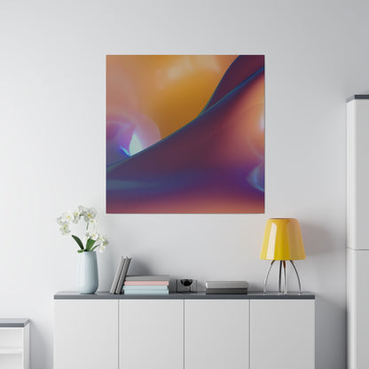 Abstract color-gradient square wall art above a white cabinet with a yellow table lamp, books, and a vase of white orchids.