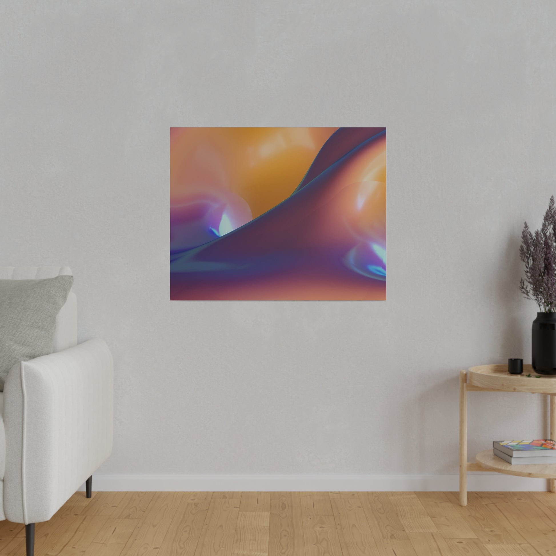 Abstract, glossy orange, pink, purple and blue poster mounted on a light gray wall in a living room.