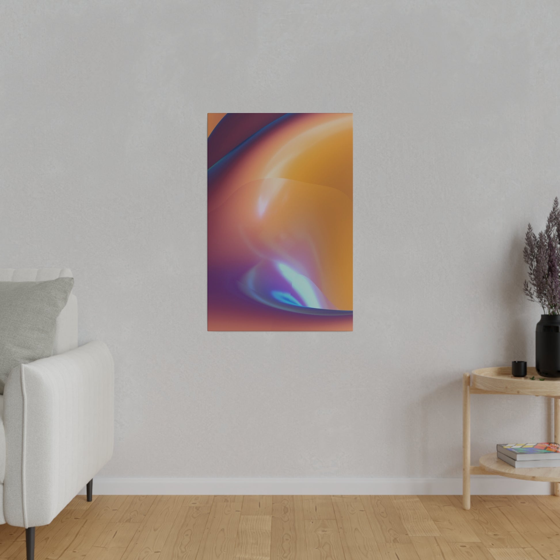 Abstract colorful wall art with orange, purple, and blue gradients hanging centered on a light gray wall in a living room.