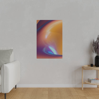 Abstract colorful wall art with orange, purple, and blue gradients hanging centered on a light gray wall in a living room.
