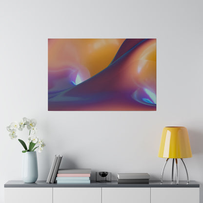 Abstract gradient artwork with orange, purple, and blue swirls hanging above a console table with a yellow lamp and white orchids.